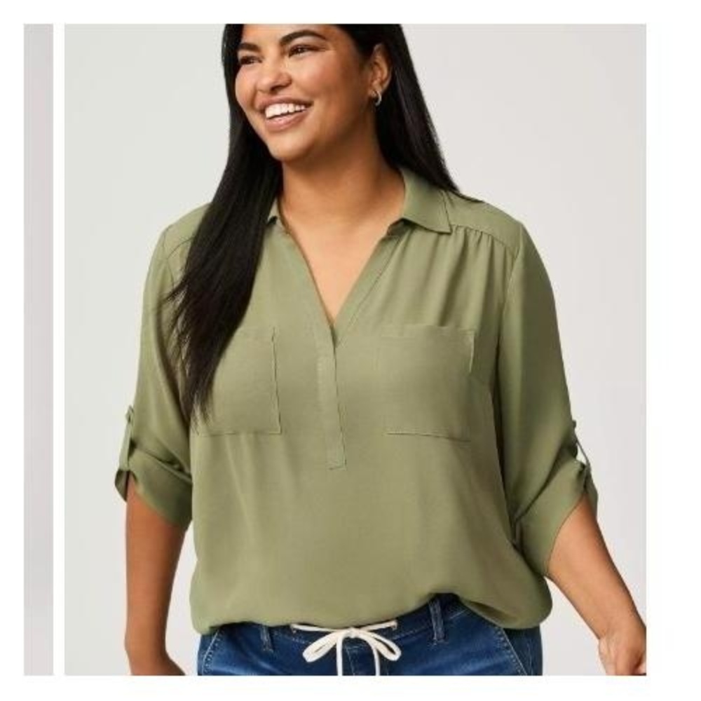 Torrid Harper Collared 3/4 Sleeve Blouse Olive Green sz 3 3X Georgette Flowy NWT